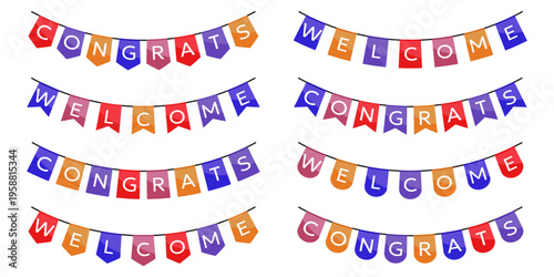 Party banners collection. Colorful hanging flags with congrats and welcome text. Festive decoration elements for events, celebrations and greeting design