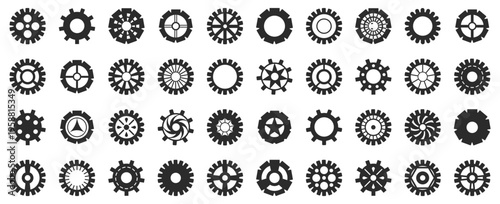 Gear icon collection with mechanical cogwheel shapes in solid style. Includes industrial engineering symbols for machinery technology
