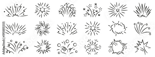 Firework line icon collection with explosion bursts and festive spark elements. Includes decorative celebration symbols