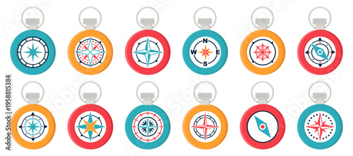 Compass icons collection. Colorful navigation symbols with directional arrows and markers. Travel and orientation elements for map, gps and exploration design