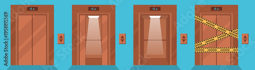 Elevator door sequence showing closed opening and restricted states with warning tape. Includes lift interface elements and control buttons