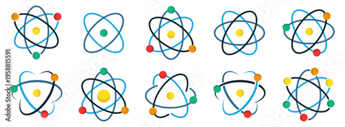 Atom icon collection with orbital structures and colorful electrons in scientific style. Includes multiple variations of atomic models and symbols