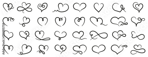 Heart line icons collection. Minimal abstract love shapes drawn with continuous lines. Romantic symbols for wedding, relationship and valentine design