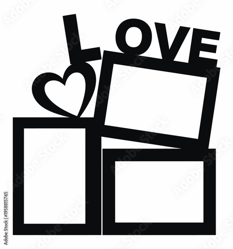 A black silhouette of photo frames arranged with the word 'love' at the top, integrating a heart shape.