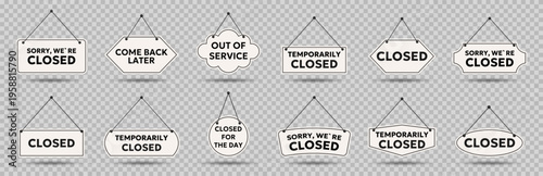 Hanging sign collection with closed messages and business status labels. Includes various shop signs like sorry closed and come back later