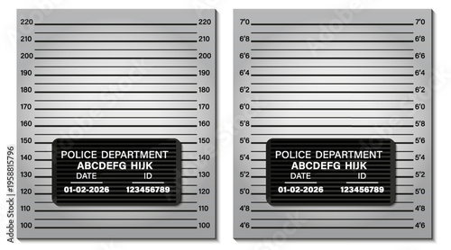 Police lineup board with height measurement background and identification plate. Includes two versions with metric and imperial height scales