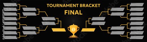 Tournament bracket layout with final stage and winner trophy in center. Includes competition structure for sports events