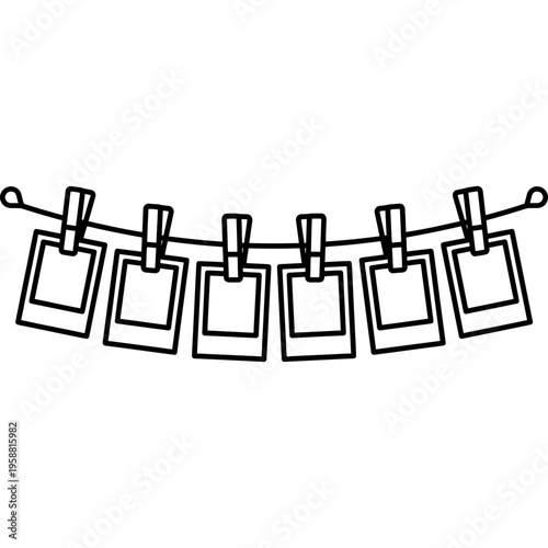 Minimalistic prints hanging on drying line outline icon