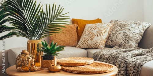 A cozy living room setting with a couch, pillows and plants, featuring natural wicker elements and modern furnishings.