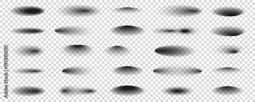 Shadow collection with soft realistic drop shapes on transparent background. Includes multiple blur shadows