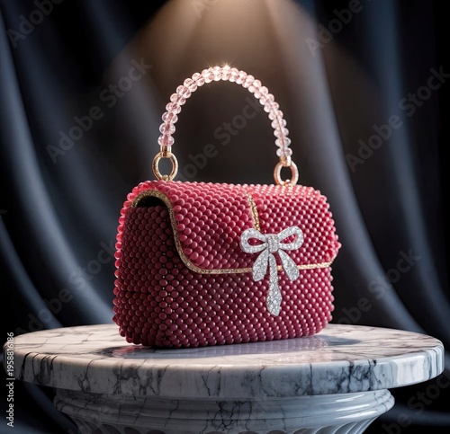 luxurious red handbag with sparkling details on marble surface, elegant fashion accessory for women, stylish design and high-quality materials - AI Generated Digital Art