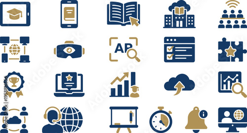 A comprehensive collection of modern flat design icons representing online education, digital learning, and business data analytics.