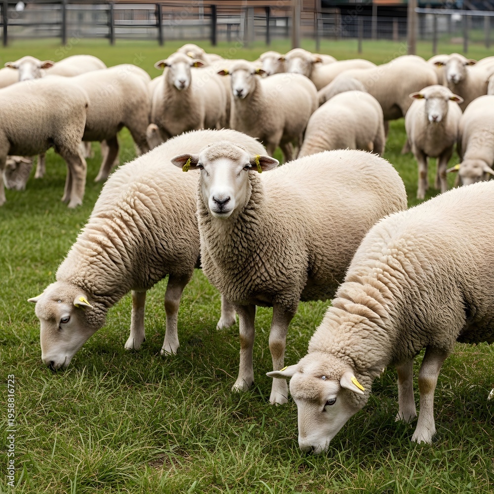 Fototapeta premium A flock of fluffy sheep grazing peacefully on a lush green pasture on a farm