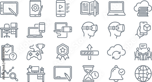 Collection of modern digital technology and business icons representing education, development, and connectivity concepts.