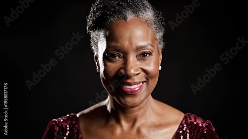 Elegant Mature Black Woman Smiling Confidently in a Sparkly Dress.