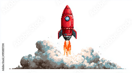 Launching rocket ship pixel art icon for startups and technology