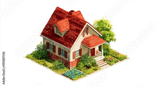 Cozy brick house pixel art icon for real estate and home