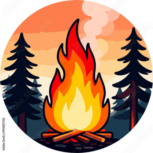 Circular Campfire Bonfire with Flames, Smoke and Pine Trees Sunset Forest Illustration