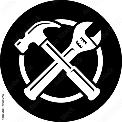 Minimalistic crossed hammer and wrench logo emblem vector