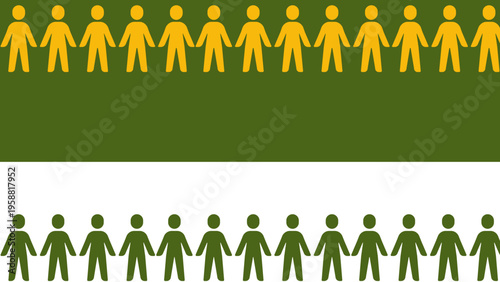 Abstract banner with rows of linked human icons in green and yellow on white and olive background symbolizing unity community teamwork diversity support social connection and inclusion