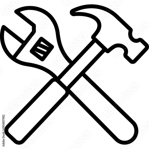 Minimalistic crossed hammer and wrench outline icon vector