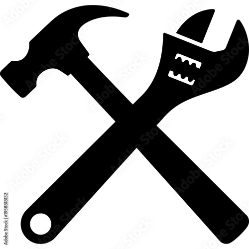 Minimalistic crossed hammer and wrench solid silhouette vector