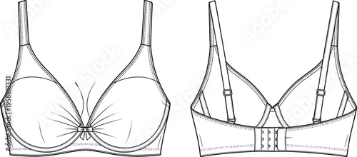 Web"Technical fashion flat drawing of bra design with underwire seam details, center bow accent, adjustable straps, hook-and-eye back closure for lingerie apparel illustration and garment 