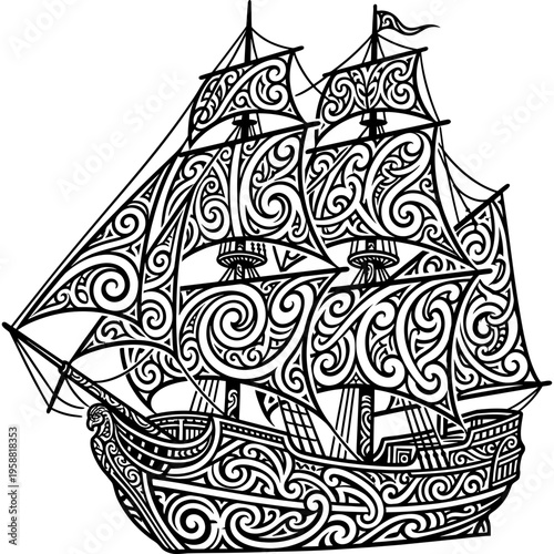 Minimalistic sailing ship tribal tattoo style vector