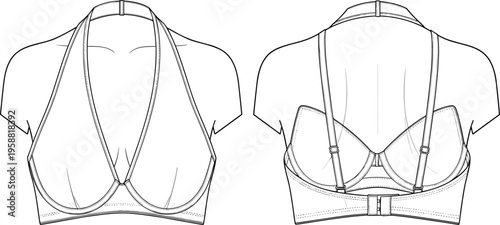 "Technical fashion flat drawing of halter bra design with plunging neckline, triangular cups, adjustable straps, back clasp closure for lingerie apparel illustration and garment construction pattern 