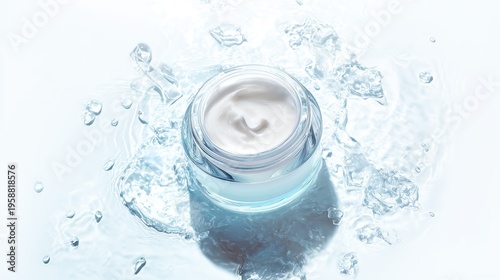 Beauty product in a jar with water droplets falling around it, indicating its hydrating properties.