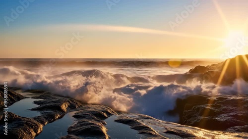 Dramatic Ocean Waves Crashing on Rocky Shoreline at Sunset.