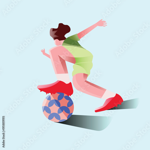 Modern Flat Vector Illustration of Soccer Player Controllling a Unique Patterned Football on a Light Background