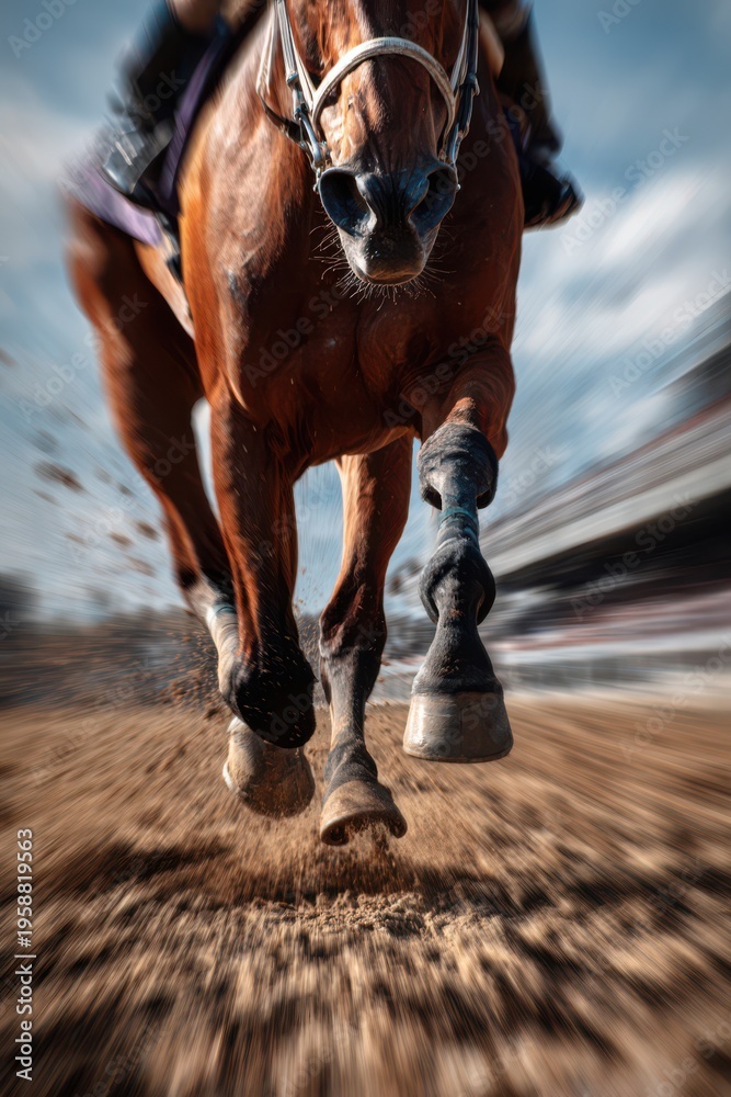 Fototapeta premium Horse thrills as it crosses the finish line