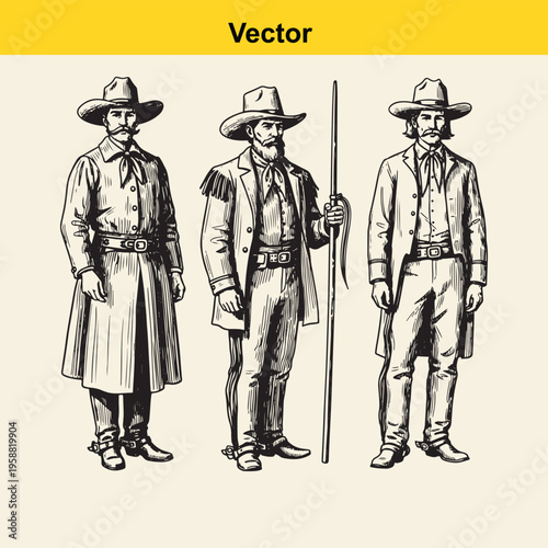 A detailed set of three vintage western style cowboy characters illustrated in black and white ink