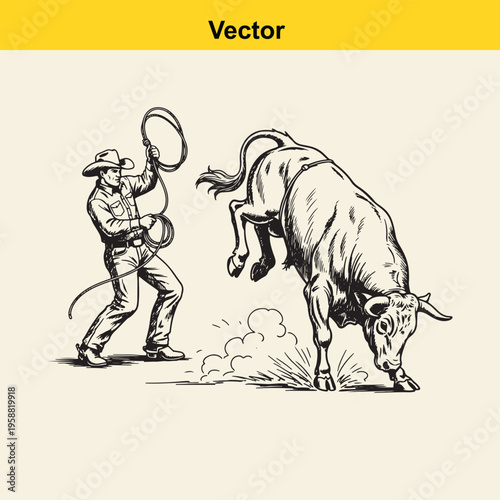 A vintage style black and white illustration of a cowboy preparing to rope a bucking rodeo bull