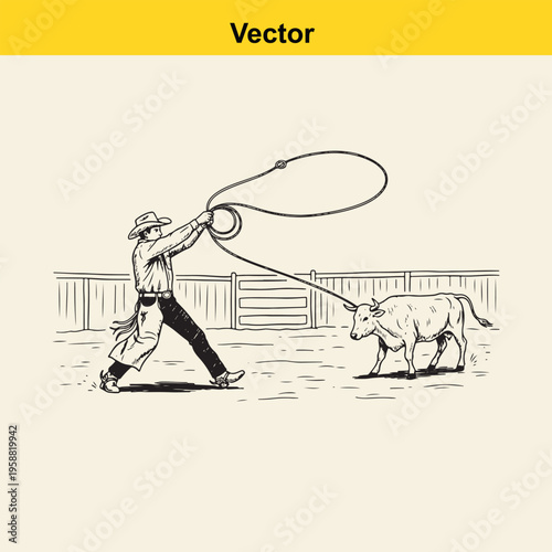 A classic hand-drawn illustration depicting a cowboy roping a young calf in a wooden farm corral