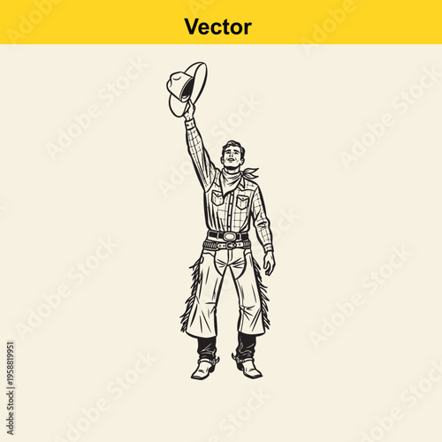 A vintage style black and white illustration of a friendly cowboy tipping his hat to the crowd
