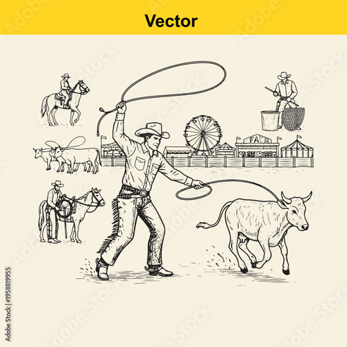 A collection of hand-drawn illustrations depicting various rodeo activities and western life events