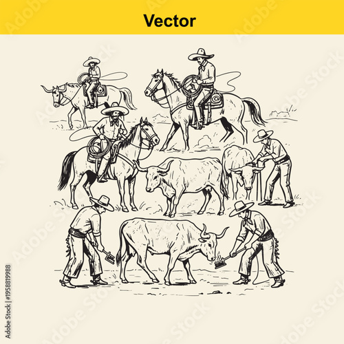 Vintage black and white illustration of cowboys herding cattle in a rustic western ranch setting