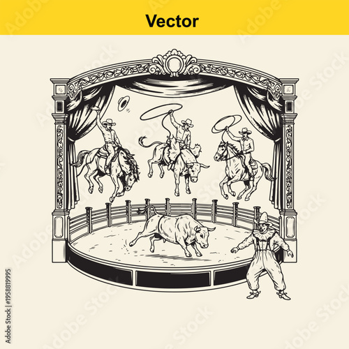 Vintage style illustration of a lively rodeo performance taking place on a traditional circus stage