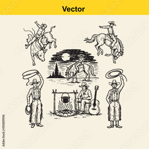 A collection of vintage western style cowboy illustrations depicting daily life on the frontier