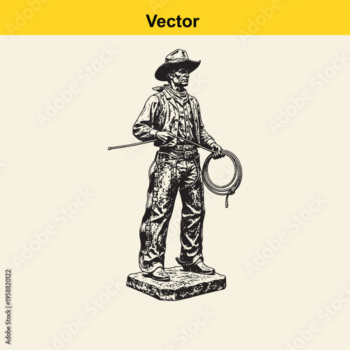 A detailed black and white vintage style illustration of a standing cowboy holding a lasso rope