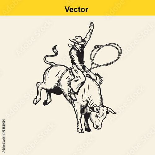 A black and white vector illustration of a professional cowboy riding a bucking bull in a rodeo
