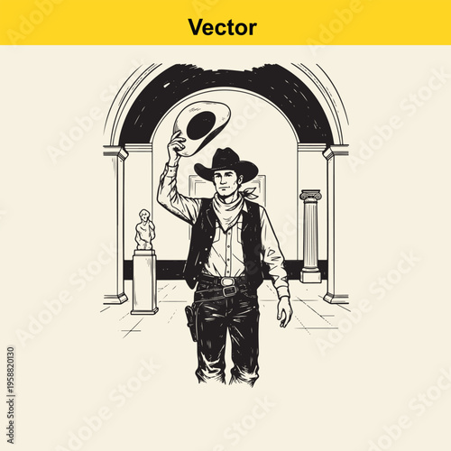 A black and white line art illustration of a polite cowboy tipping his hat in a grand gallery