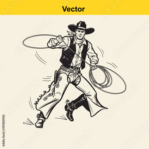 A vintage style black and white illustration of an active cowboy throwing a lasso with skill
