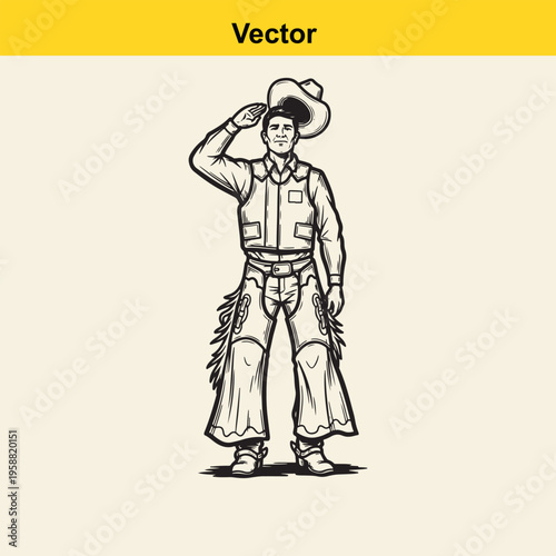 A black and white line art illustration of a friendly cowboy tipping his hat in a polite gesture