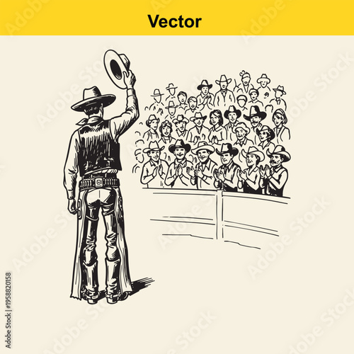 A cowboy in western attire tipping his hat to a cheering audience at a live rodeo event show