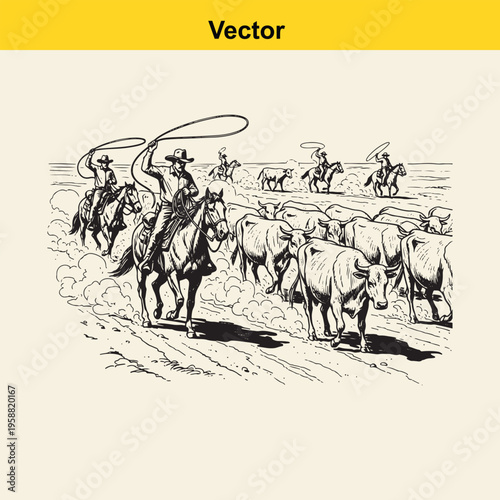 Black and white line art illustration of cowboys herding a group of cattle on a dusty ranch trail
