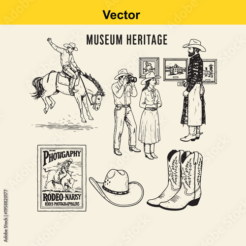Vintage museum heritage vector illustration showing rodeo culture and western photography elements