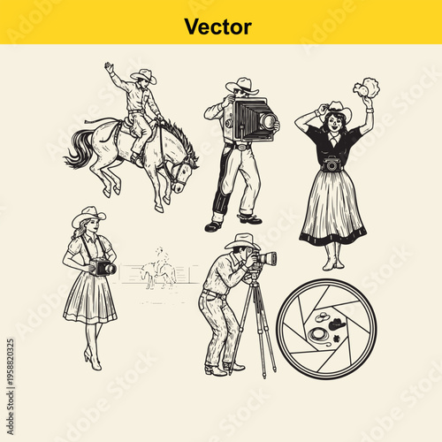 A collection of vintage western themed illustrations featuring cowboys cowgirls and photography